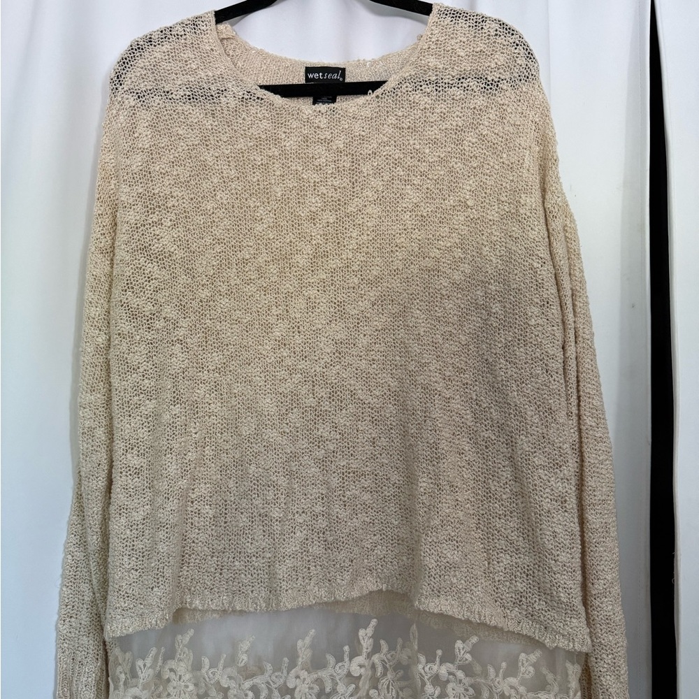 Wet Seal Cream Crew Neck Sweater with Textured Knit